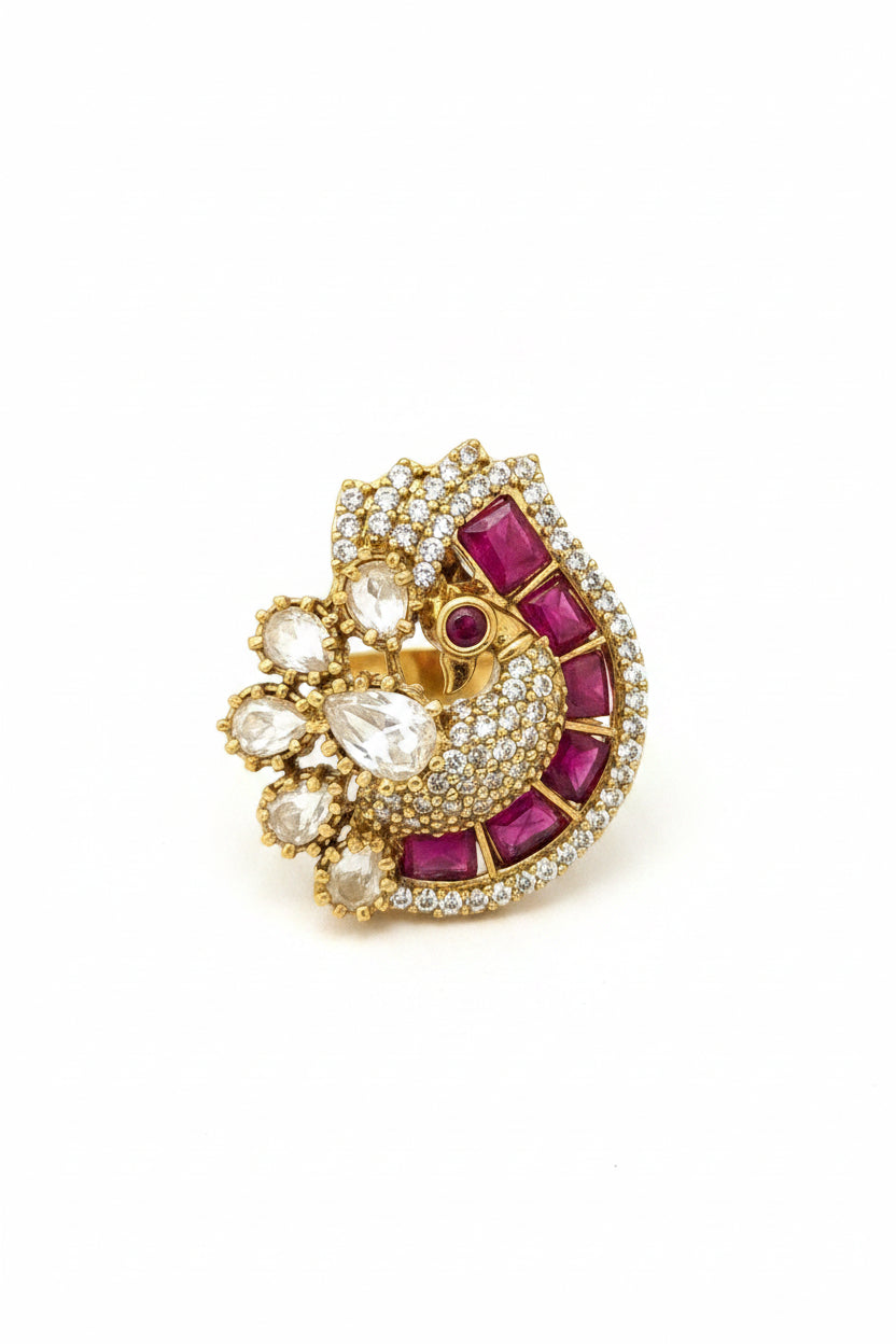 Traditional Gold-Plated Kundan Ruby Peacock Stud Earrings