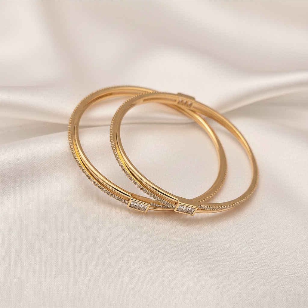 Gold-Plated Zircon Pavé-Set Stackable Bangles with Baguette Accent