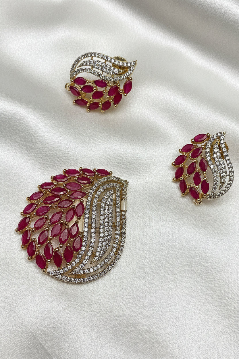 CZ Ruby Peacock Feather Pendant Set with Earrings