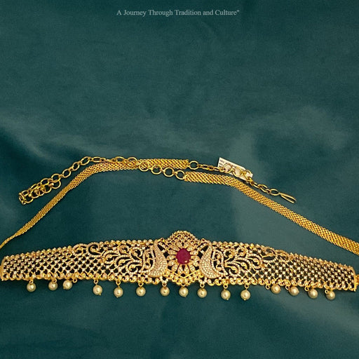 Gold-Plated American Diamond Peacock Design Stone Ottiyanam