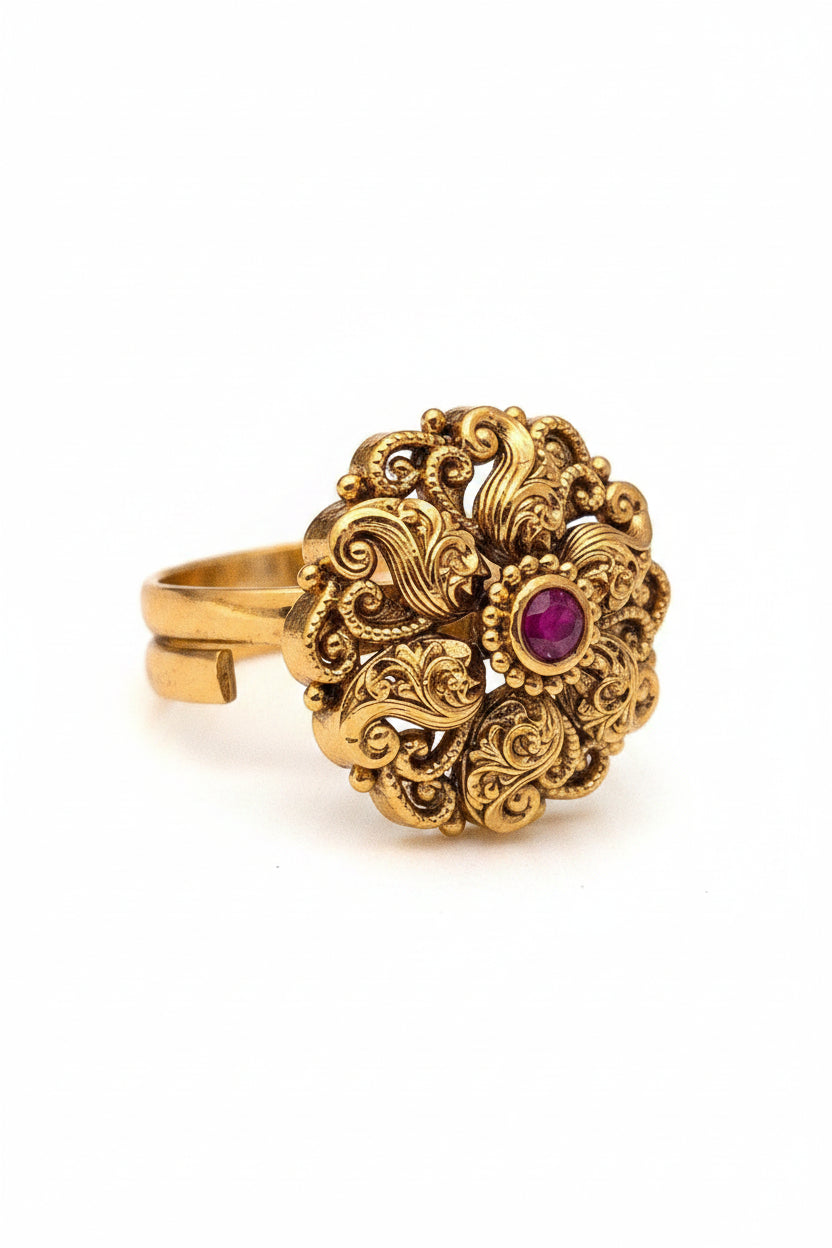 Gold-Plated Antique Traditional Filigree Ring with Red Stone Accent