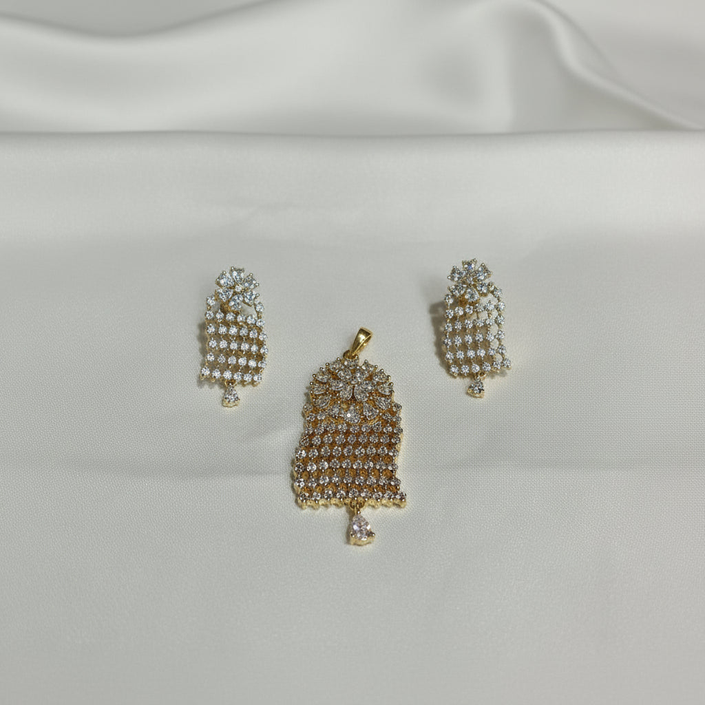 Gold-Plated CZ White Multi-Layered Fringe Pendant Set with Earrings