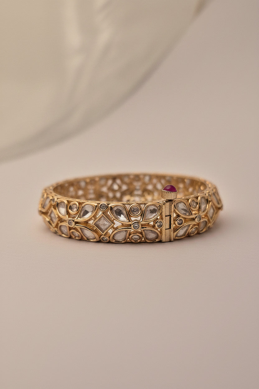 Gold-Plated Polki and White Stone Kundan Bangle Set