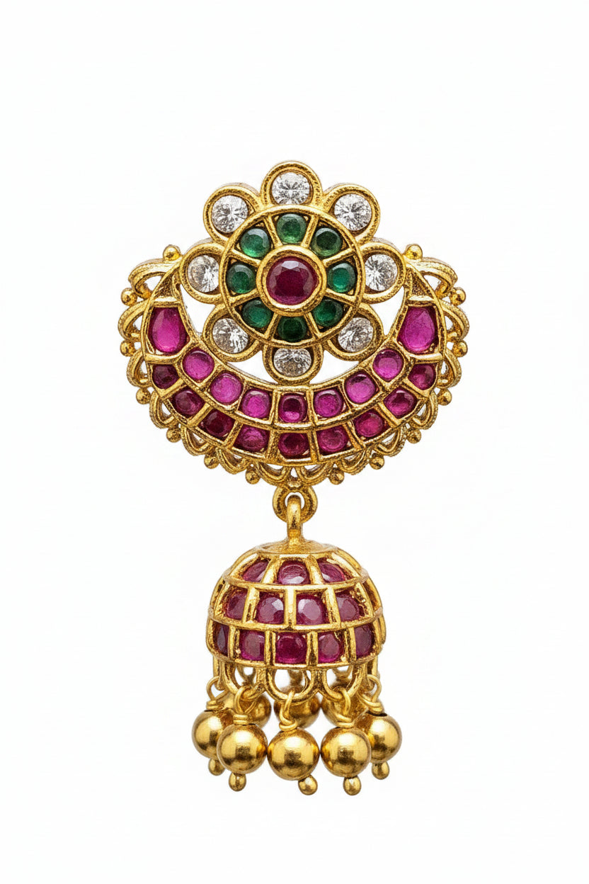 Traditional Gold-Plated Kundan and Ruby-Green Stone Jhumka Earrings
