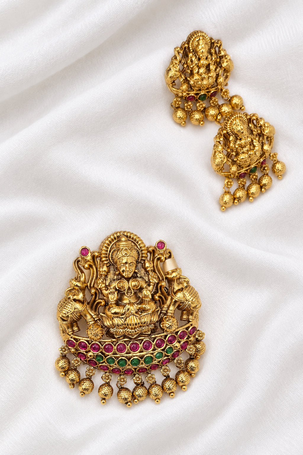 Gold-Plated Antique Elephant Lakshmi Multi-Stone Pendant Set with Earrings