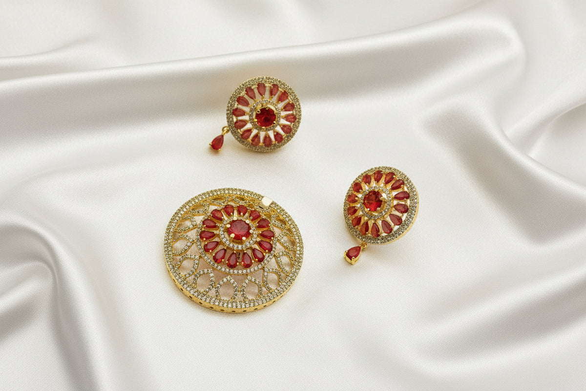 Gold-Plated CZ Red Stone Round Floral Mugappu Set with Earrings