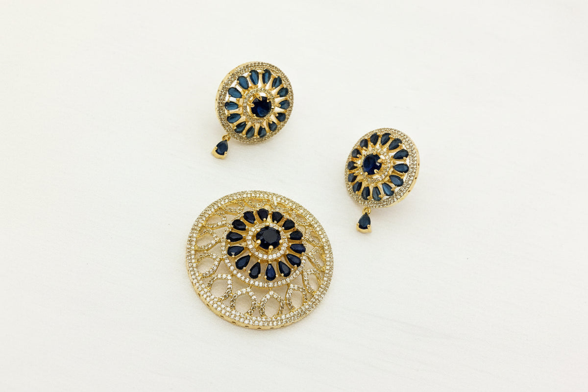 Gold-Plated CZ Dark Blue Round Floral MugappuSet with Earrings