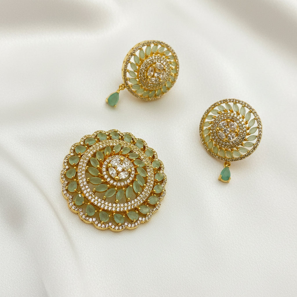 Gold-Plated CZ Mint Green Round Floral Mugappu with Earrings