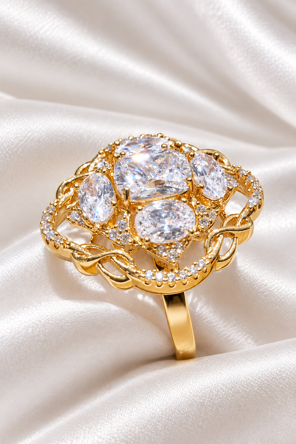 Gold-Plated American Diamond Multi-Stone Cluster Statement Ring