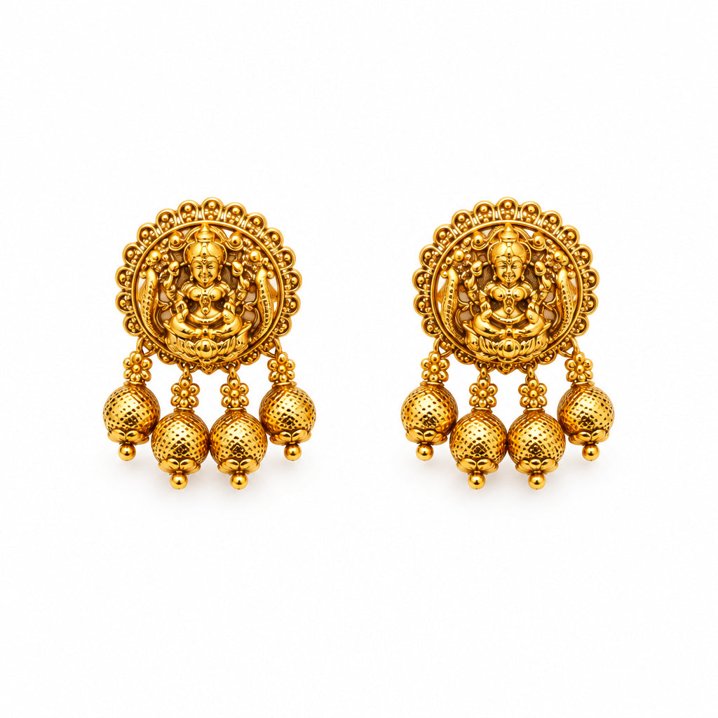 Gold-Plated Antique Grand Peacock Lakshmi Multi-Stone Pendant Set with Earrings