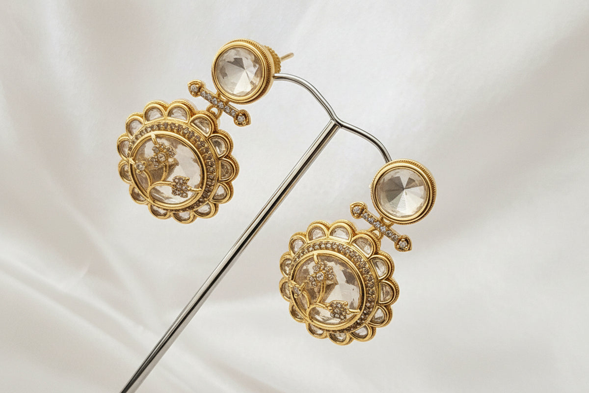 Traditional Gold-Plated Kundan and Clear Polki Stone Drop Earrings