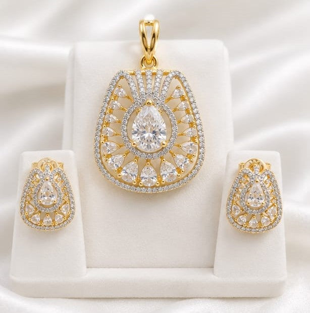 Gold-Plated CZ Pendant Set with Matching Earrings – Elegant Teardrop Design