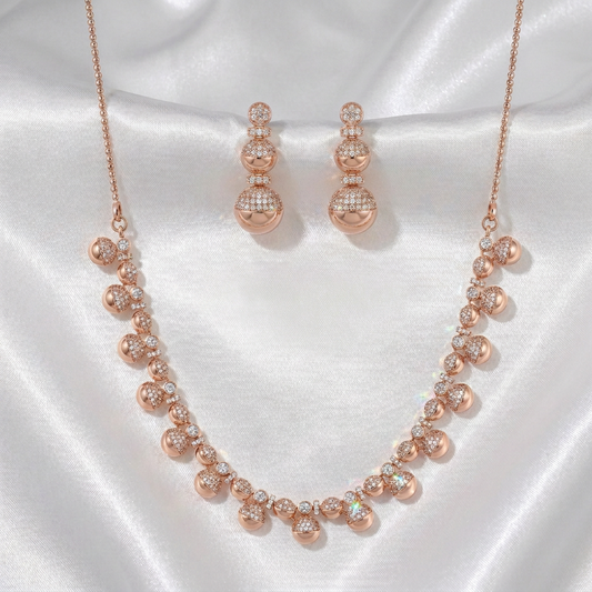 Gold-Plated Zircon Stone Beaded Drop Necklace with Earrings Set