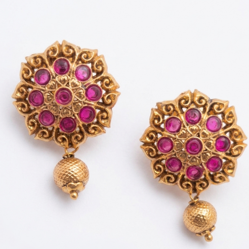 Gold-Plated Antique Floral Cluster Ruby Stone Stud Earrings with Bead