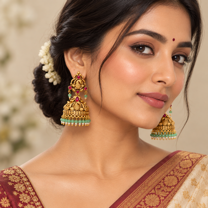 Gold-Plated Antique Peacock Lakshmi Jhumkas