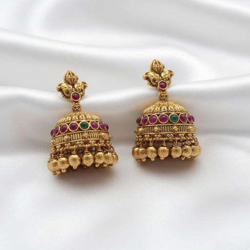 Gold-Plated Antique Leaf Motif Jhumkas with Multi-Color Stones