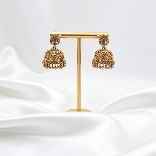 Gold-Plated Antique Small Paisley Stud Jhumkas with Ruby Stones