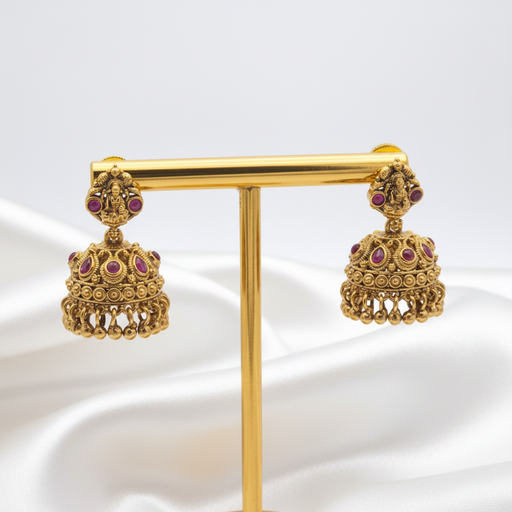 Gold-Plated Antique Goddess Lakshmi Ruby Jhumkas