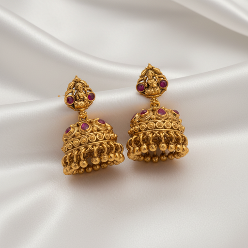 Gold-Plated Antique Goddess Lakshmi Ruby Jhumkas