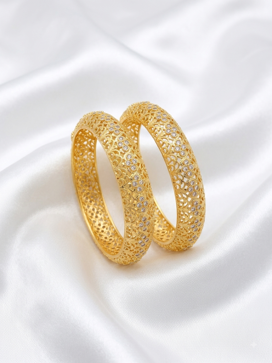 Elegant Gold-Tone CZ Lattice Design Bangles Set