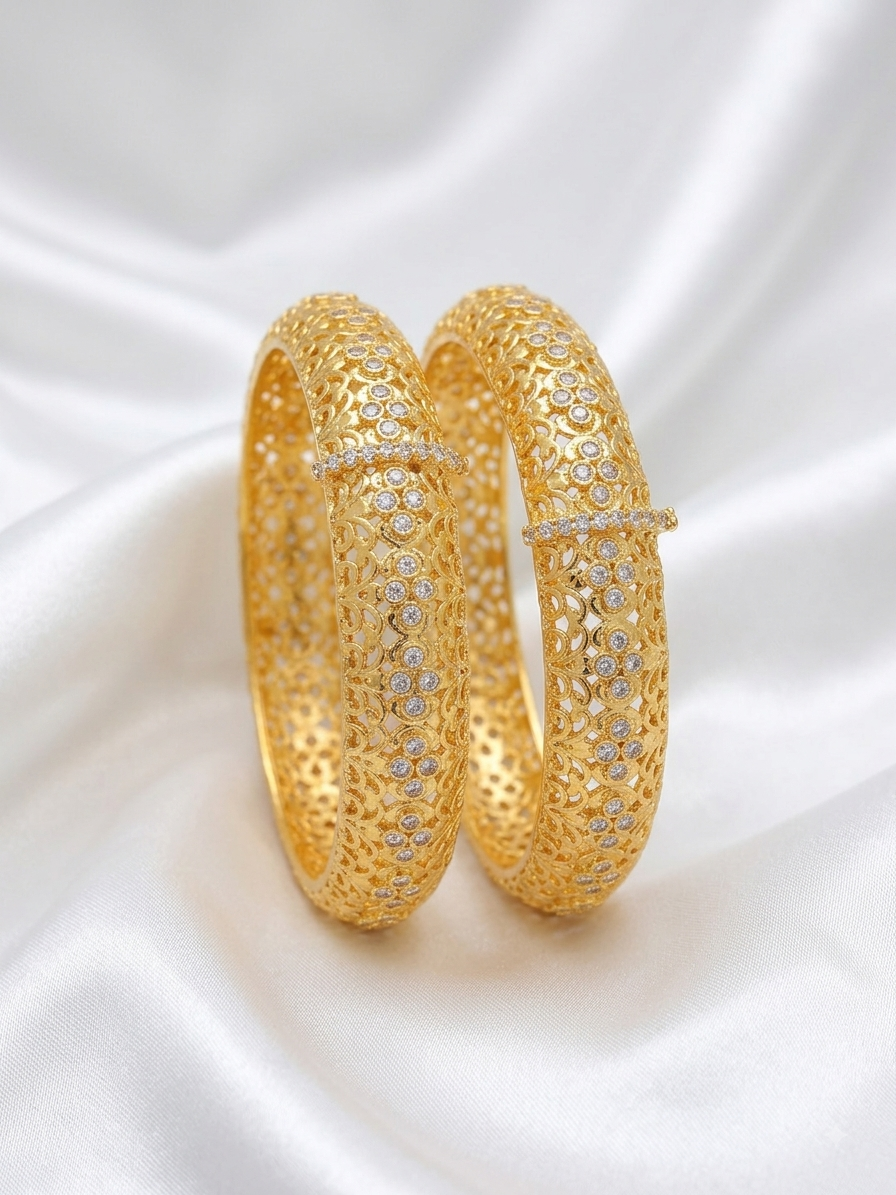 Elegant Gold-Tone CZ Lattice Design Bangles Set