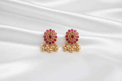Pink & Green🌼✨  Traditional Indian Earrings | Gold-Tone Floral Earrings | Pearl Dangle Jewelry