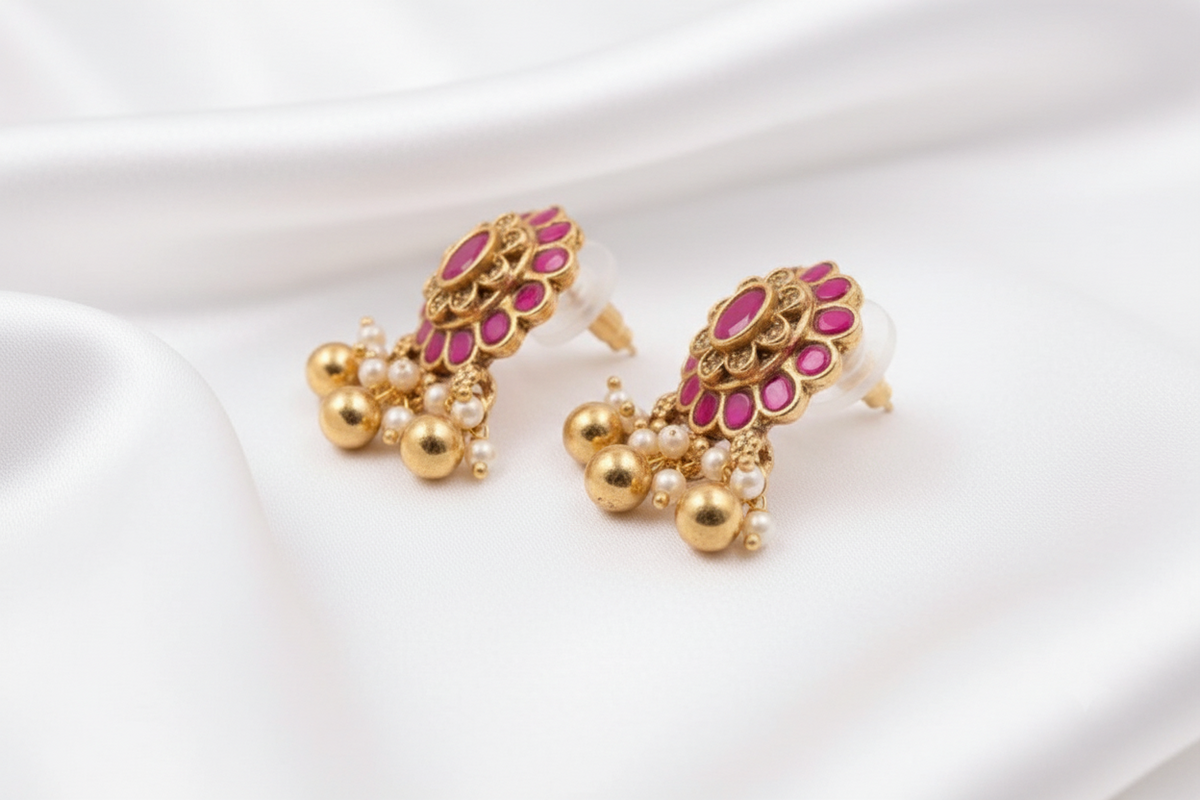 Pink & Green🌼✨  Traditional Indian Earrings | Gold-Tone Floral Earrings | Pearl Dangle Jewelry