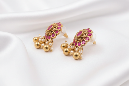 Pink & Green🌼✨  Traditional Indian Earrings | Gold-Tone Floral Earrings | Pearl Dangle Jewelry
