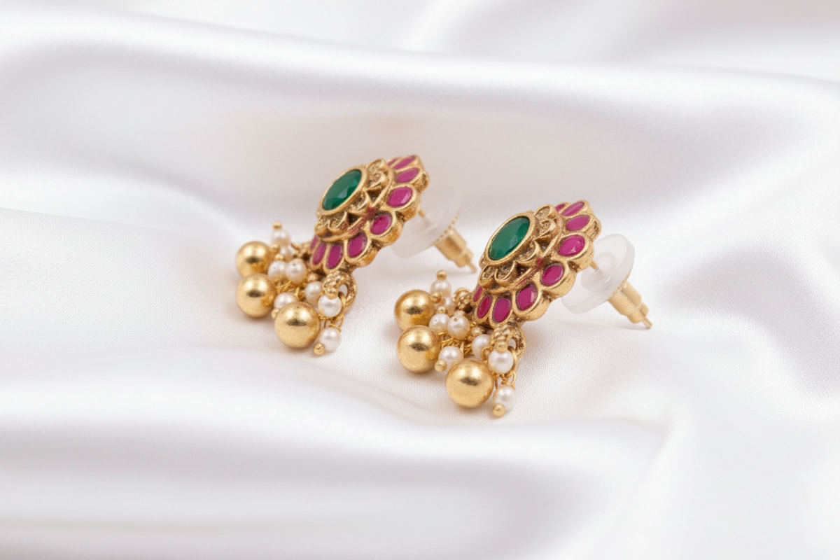 Pink & Green🌼✨  Traditional Indian Earrings | Gold-Tone Floral Earrings | Pearl Dangle Jewelry