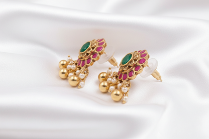 Pink & Green🌼✨  Traditional Indian Earrings | Gold-Tone Floral Earrings | Pearl Dangle Jewelry