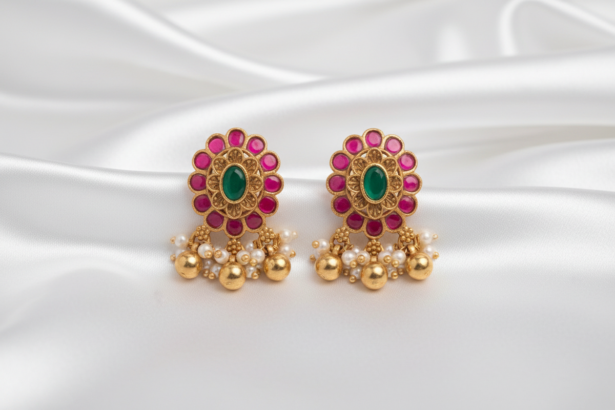 Pink & Green🌼✨  Traditional Indian Earrings | Gold-Tone Floral Earrings | Pearl Dangle Jewelry
