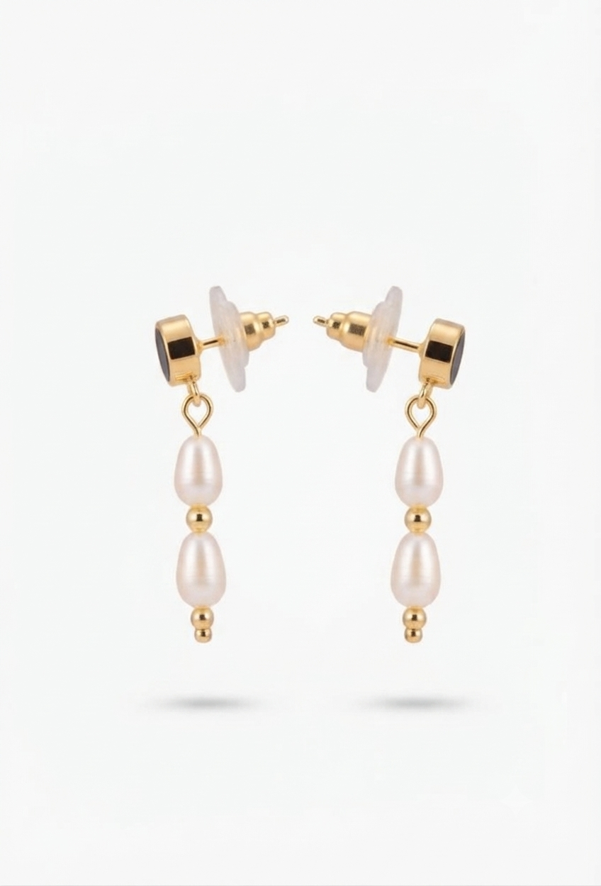 Gold Pearl Necklace & Earring Set with Ruby Bead , Delicate Freshwater Pearl