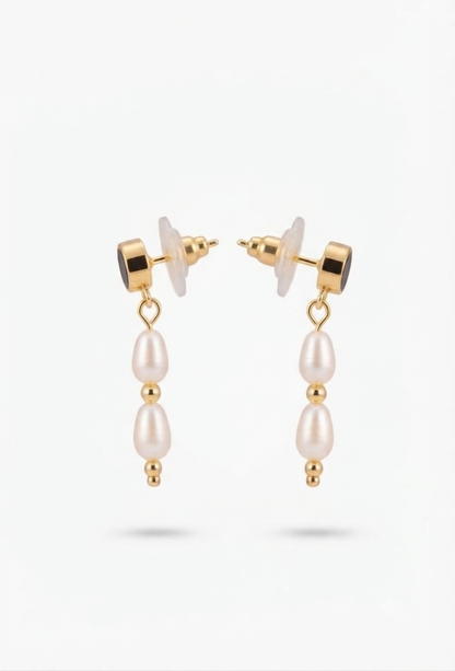 Gold Pearl Necklace & Earring Set with Ruby Bead , Delicate Freshwater Pearl