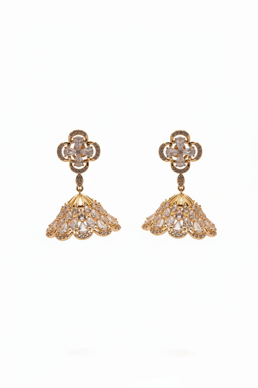 Gold Plated Clover Flower Zircon Jhumka Earrings