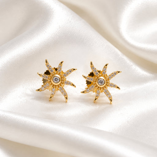 Gold Plated Sunburst Zircon Stud Earrings