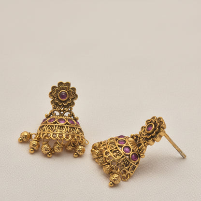 Antique Gold-Plated Floral Motif Jhumka Earrings