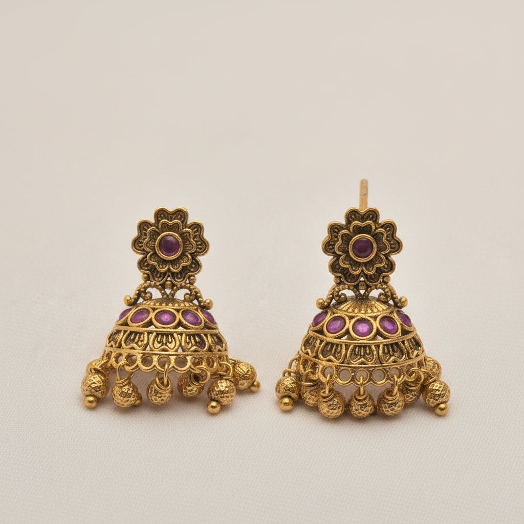 Antique Gold-Plated Floral Motif Jhumka Earrings