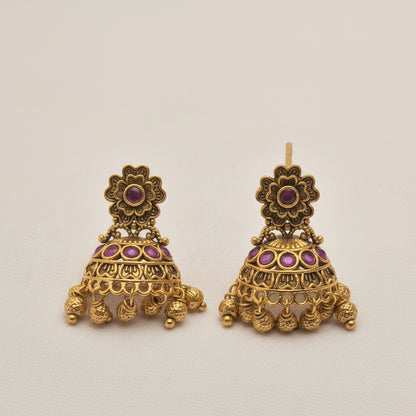Antique Gold-Plated Floral Motif Jhumka Earrings