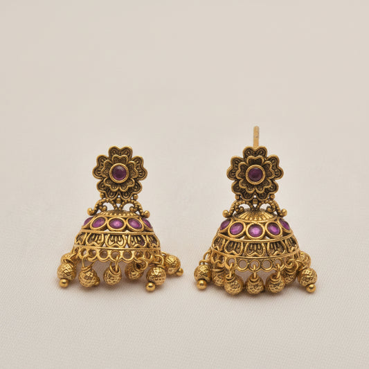 Antique Gold-Plated Floral Motif Jhumka Earrings