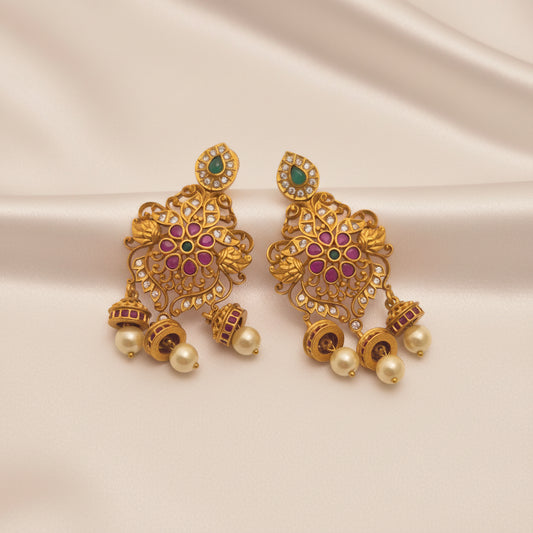 Antique Gold-Plated Multistone Floral Chandbali Earrings with Mini Jhumka Bell