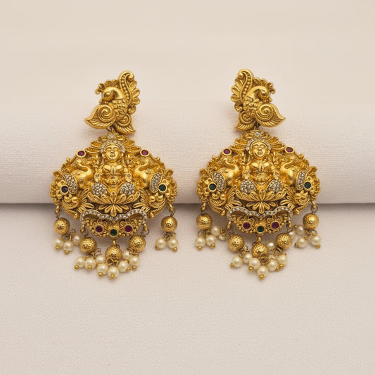 Antique Gold-Plated Gajalakshmi Temple Earrings with Pearls