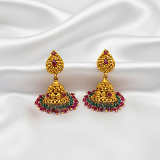 Antique Gold Plated Floral Dome Jhumka Earrings With Multi Color Beads