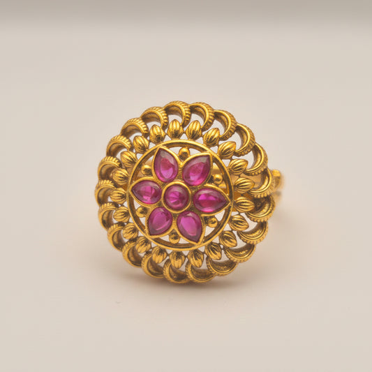 Matte Gold Six-Petal Ruby Floral Motif Statement Ring