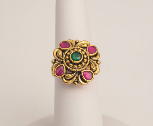 Antique Gold Central Green & Ruby Stone Floral Statement Ring