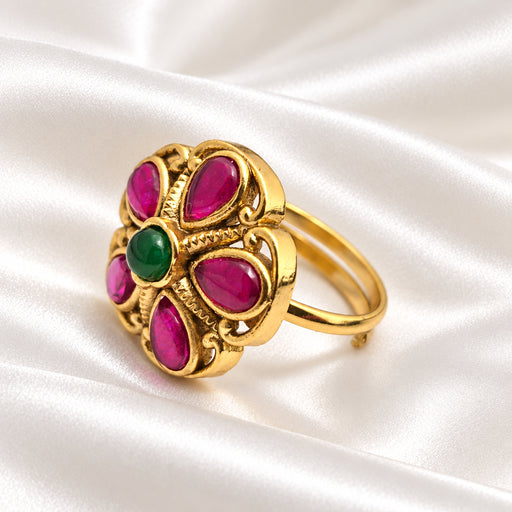 Matte Gold Five-Petal Ruby-Green Stone Floral Statement Ring