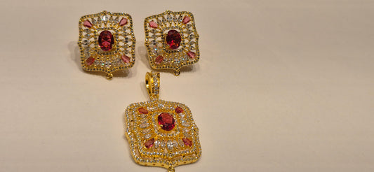 Gold-Plated CZ Red Rectangular Frame Pendant Set with Earrings
