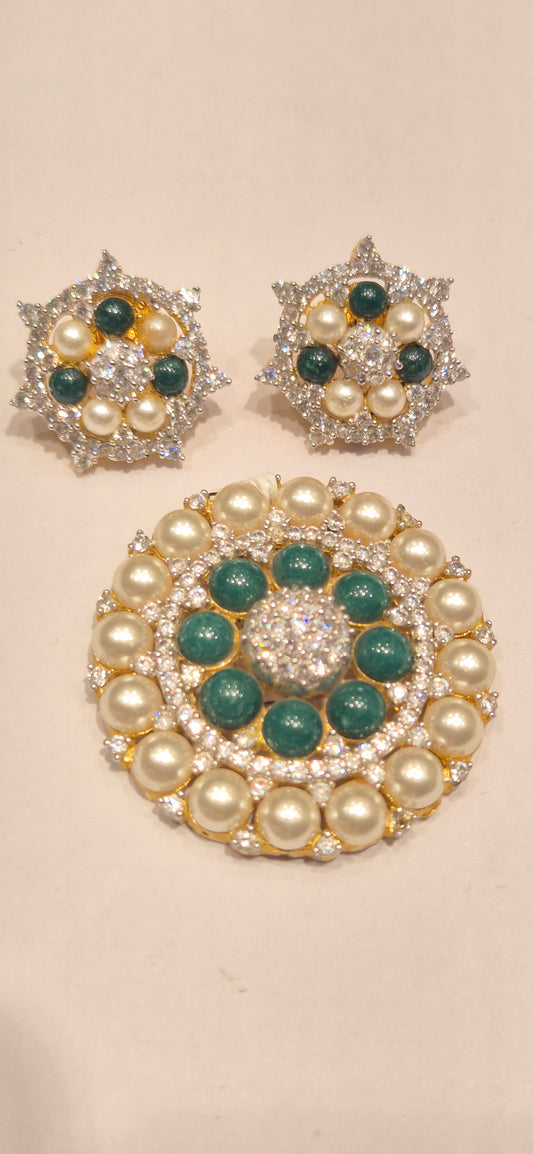Gold-Plated CZ Green Stone & Pearl Round Pendant Set with Earrings
