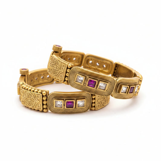Gold-Plated Ruby and White Stone Hinged Antique Bangle Set