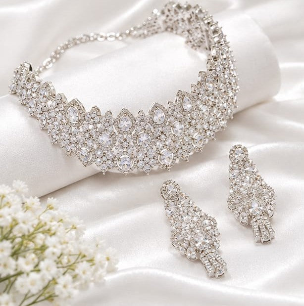 Silver Tone Crystal Bridal Necklace and Earrings Set | Elegant CZ Wedding Jewelry