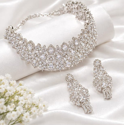 Silver Tone Crystal Bridal Necklace and Earrings Set | Elegant CZ Wedding Jewelry